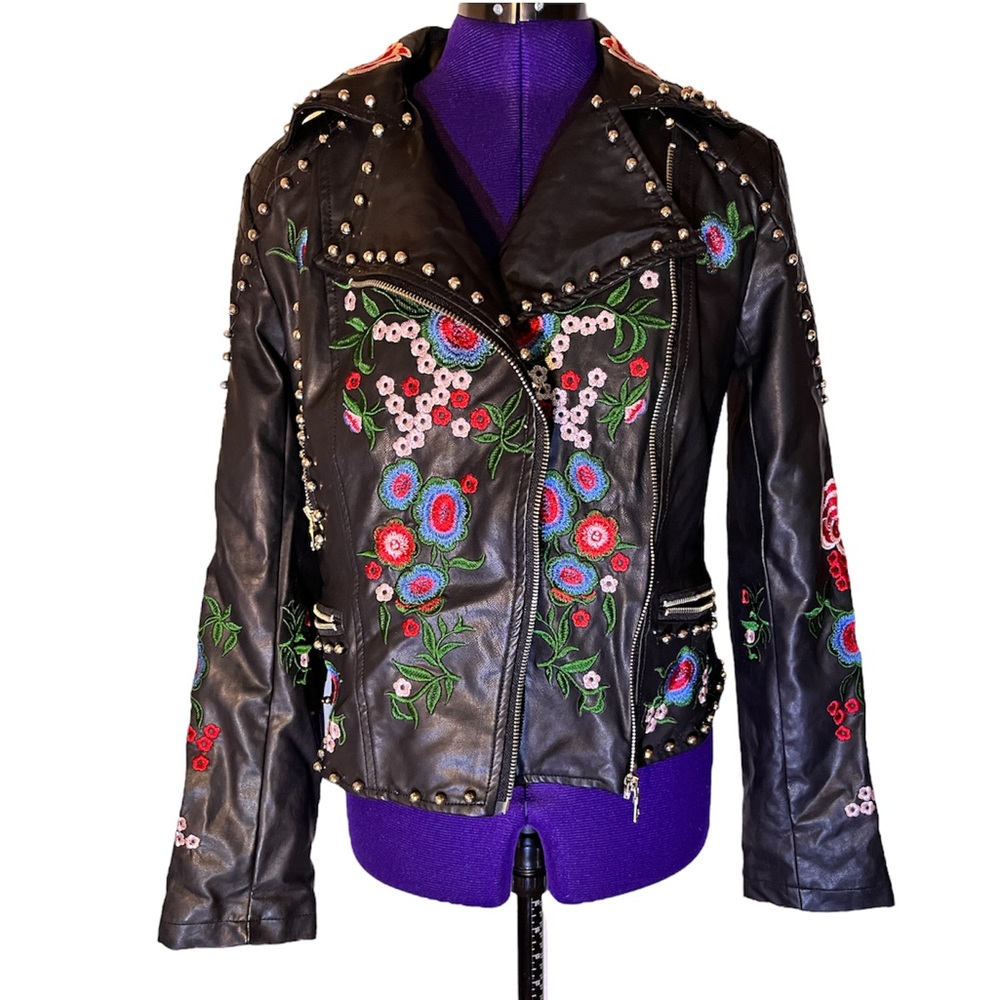 L'ATISTE by Amy Embroidered Faux Leather Biker Jacket